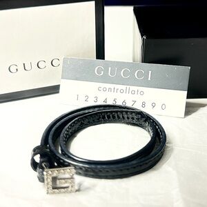 💯% Authentic Gucci Black Patent Leather Crystal G Buckle Double Wrap Bracelet